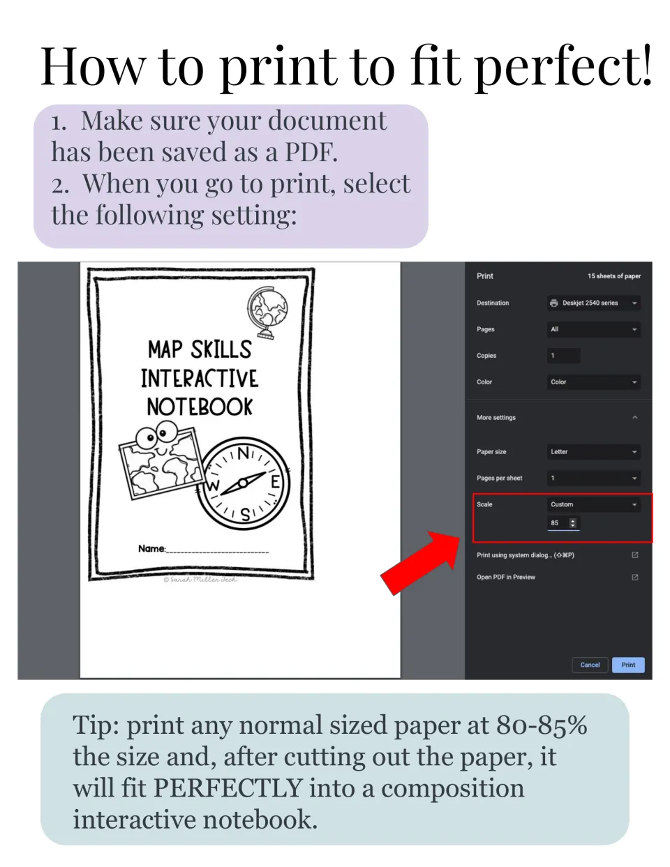 Notebook printing guide recommends saving as a PDF and printing at 80–85% to fit a composition notebook