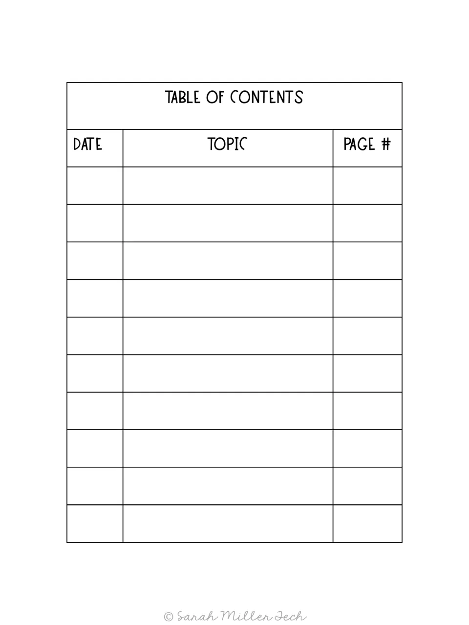 Notebook table of contents for students to record the date, topic, and page number of their geography entries