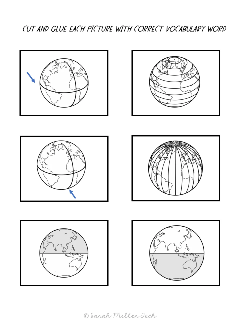 Six globe pictures to cut and match to vocabulary flaps for the equator, prime meridian, hemispheres, and more