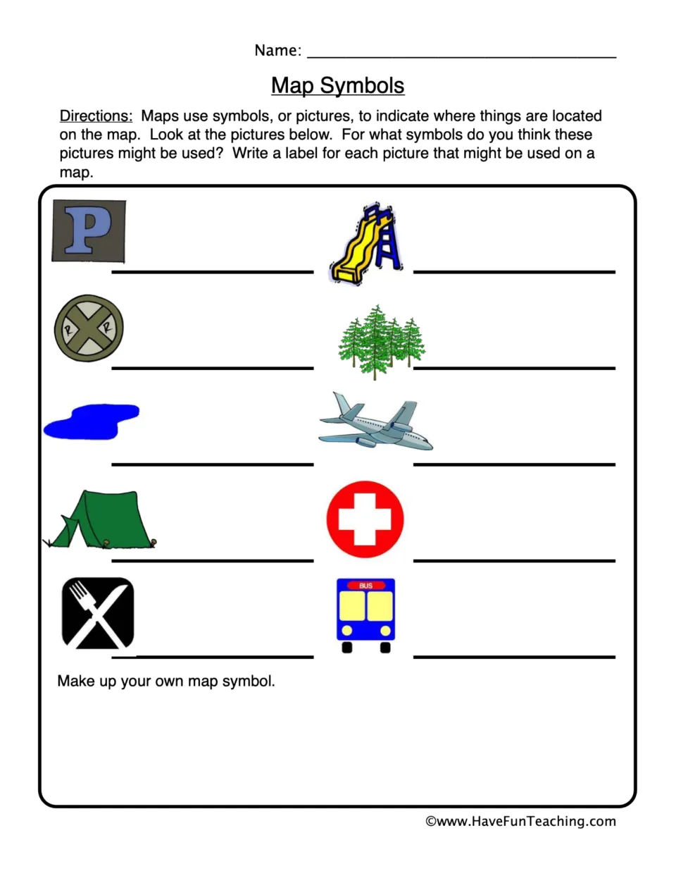 Map symbols: students write a label for 10 pictures like parking, railroad, lake and hospital, then invent their own symbol