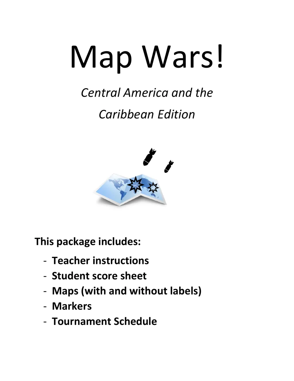 Map Wars! Central America and the Caribbean Edition cover listing instructions, score sheet, maps, markers and schedule