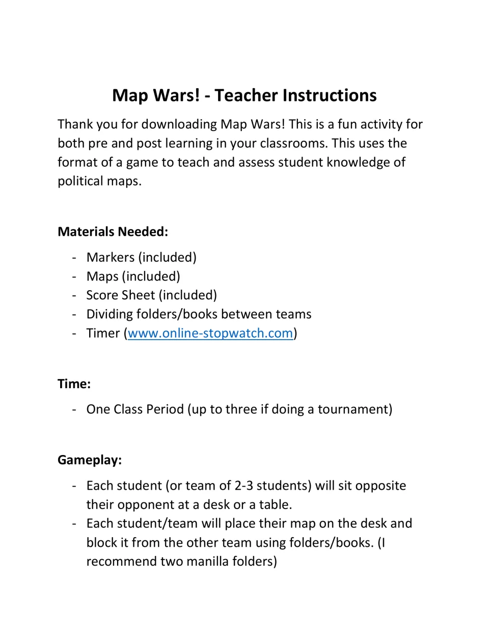 Teacher instructions for the political map game: materials, one class period timing, teams seated behind folders