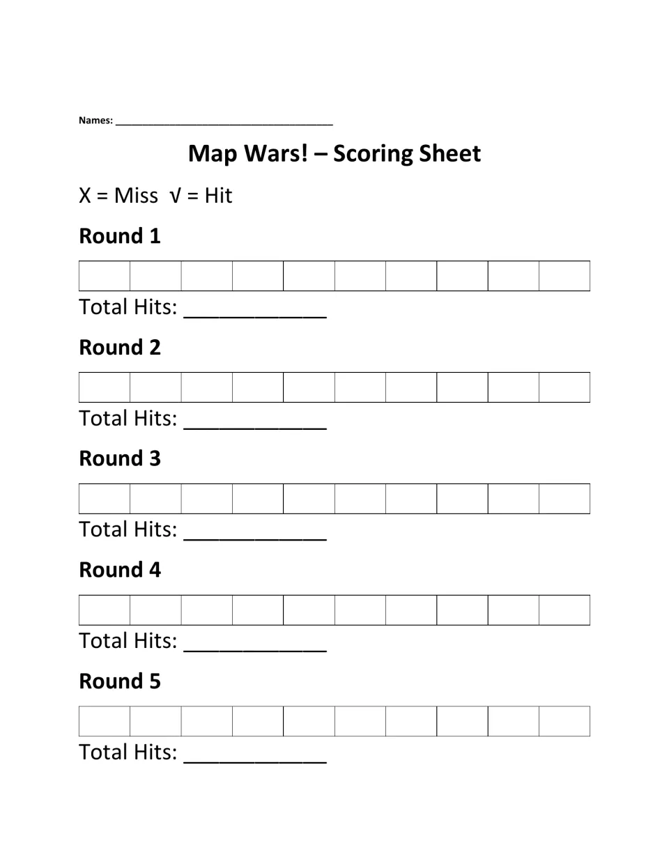 Scoring sheet for rounds 1 to 5: students mark each guess X for miss or check for hit and total their hits per round
