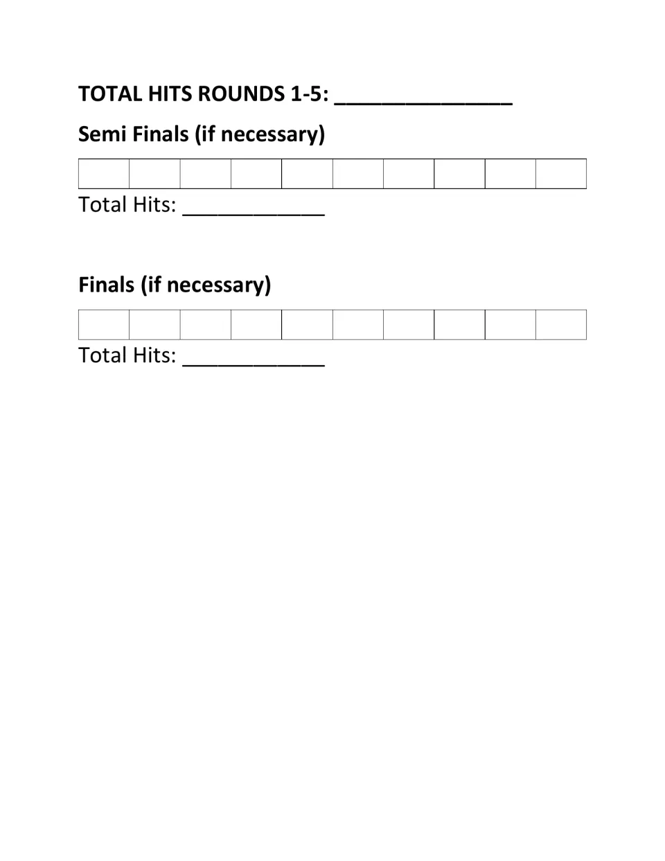 Score sheet continued: total hits for rounds 1-5 plus ten-guess tracking for semi finals and finals if necessary