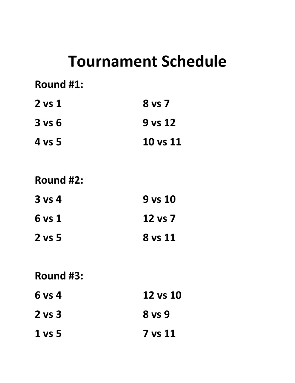 Tournament schedule for rounds 1 to 3 pairing twelve numbered teams in matchups such as 2 vs 1 and 9 vs 12