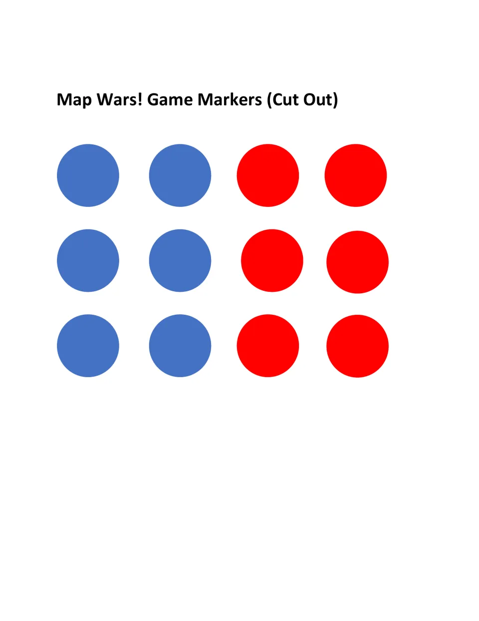 Game markers to cut out: six blue and six red circles that teams place on the map as their hidden bases