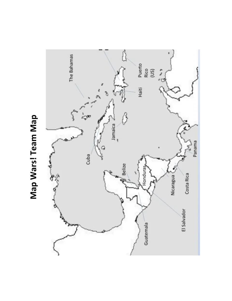 Labeled team map of Central America and the Caribbean naming Guatemala, Belize, Cuba, Haiti, Panama and other countries
