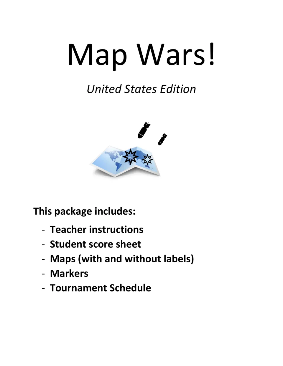 U.S. geography game cover listing teacher instructions, a score sheet, maps, markers, and a tournament schedule