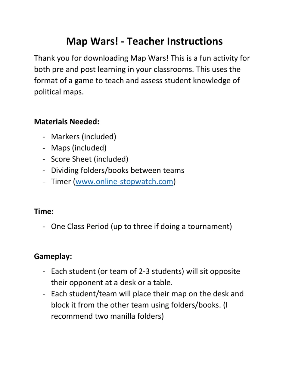 Teacher instructions for the geography game: materials, class time, and setup for individuals or teams of 2–3
