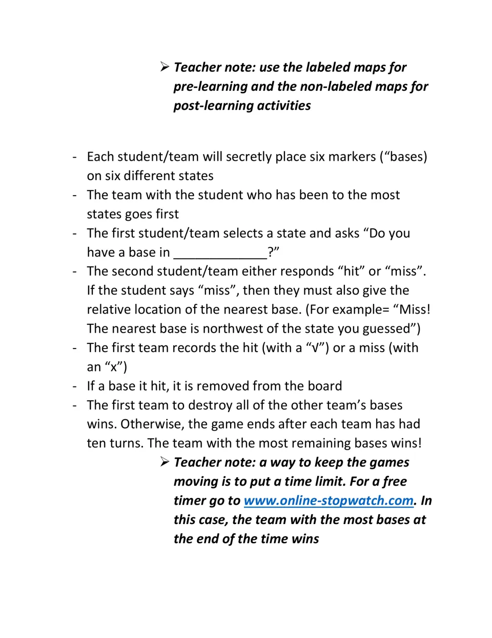 Geography game rules: hide six bases in states, guess locations, give directional clues, and record hits or misses
