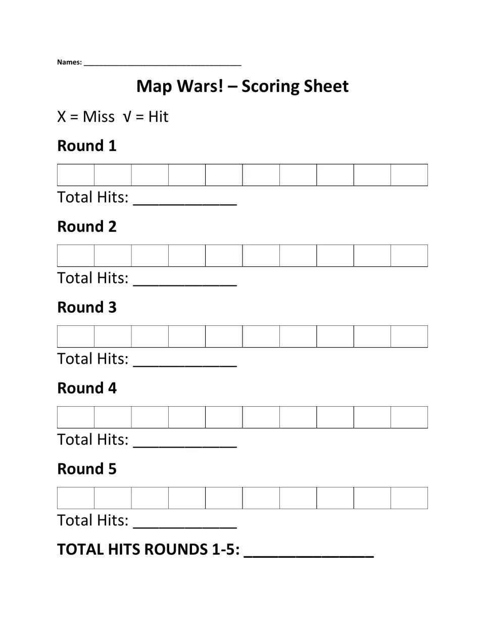 Game scoring sheet for rounds 1–5, recording ten hits or misses per round, round totals, and combined hits