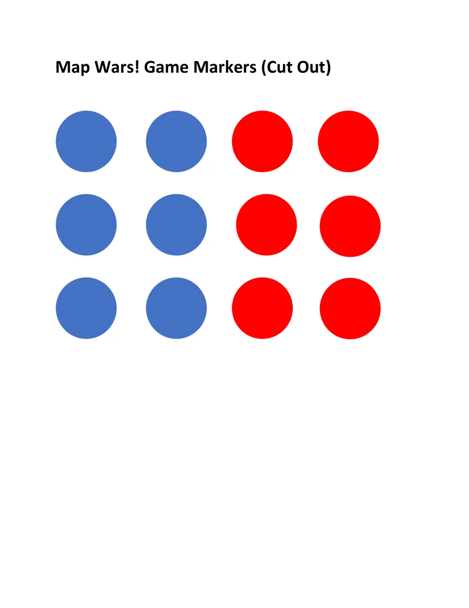 Twelve cut-out game markers, six blue and six red, for placing each opponent’s six hidden bases on a team map