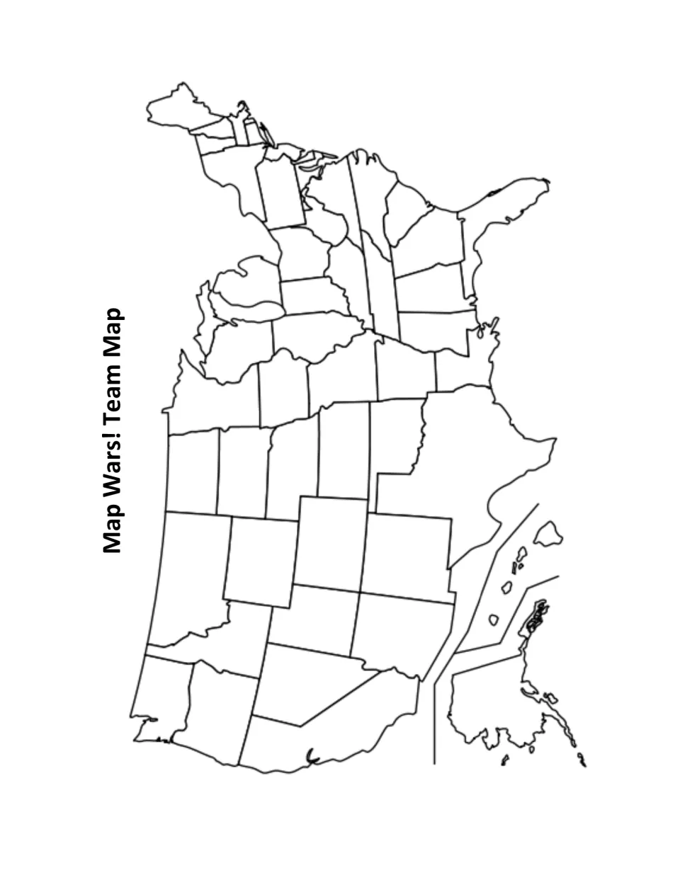 Unlabeled U.S. team map showing state boundaries, Alaska, and Hawaii for the game’s post-learning activities