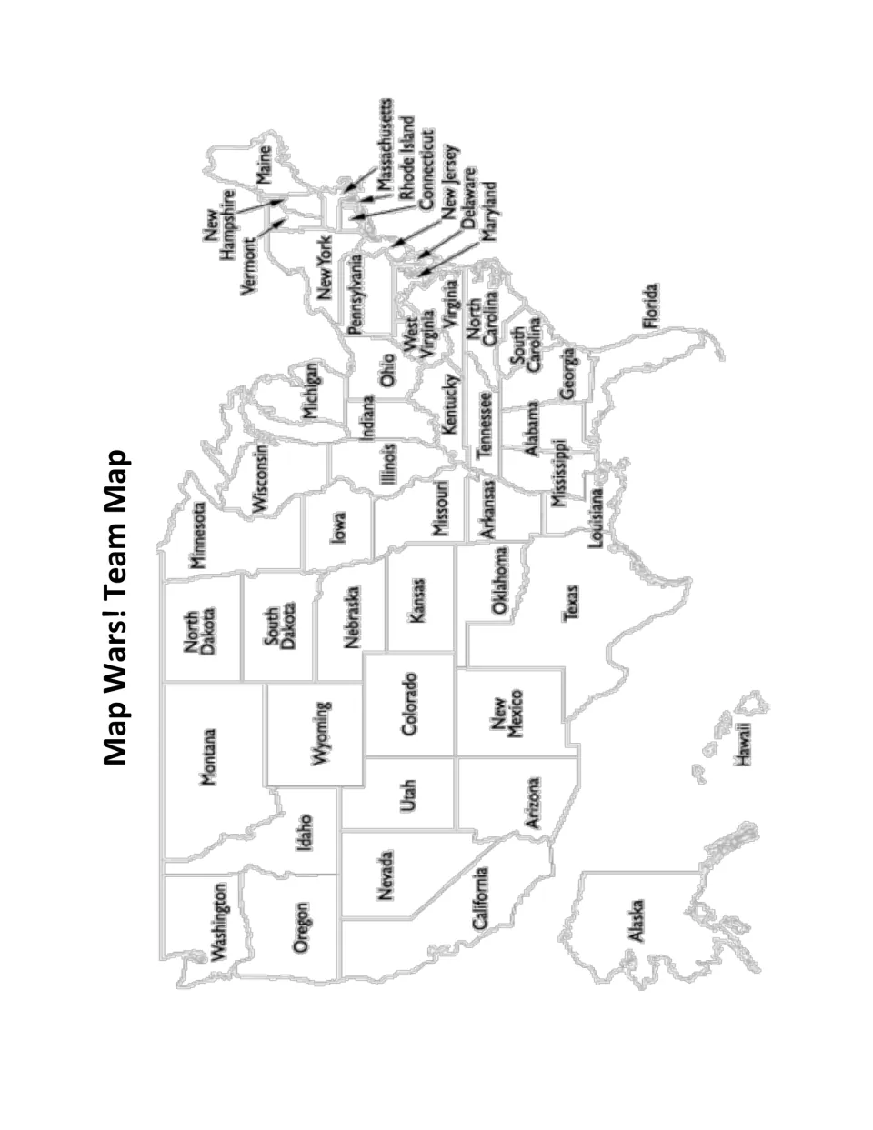 Labeled U.S. team map showing state names, including Alaska and Hawaii, for the game’s pre-learning activities