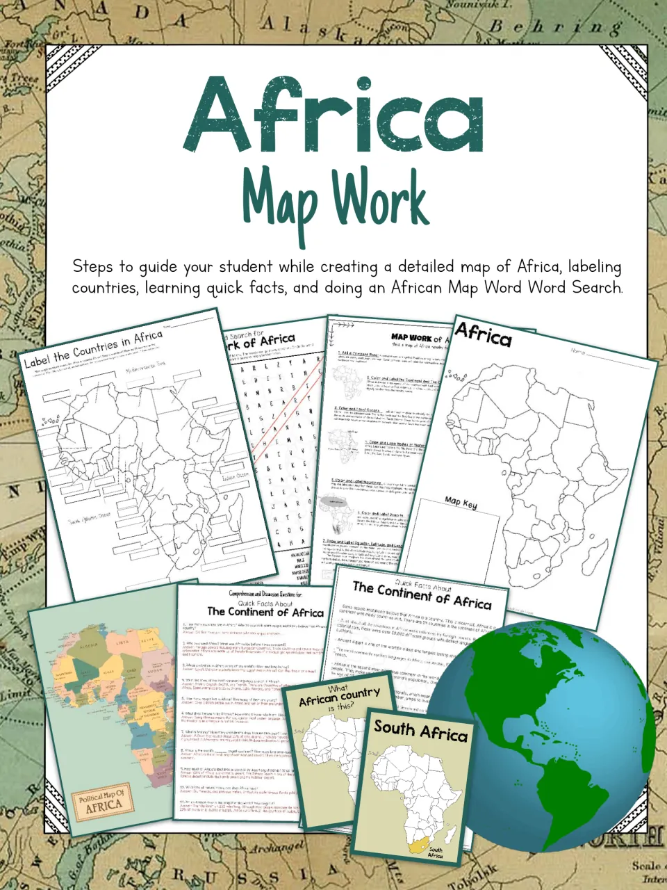 Africa Map Work cover showing country-labeling practice, a blank map, quick facts, and country flashcards