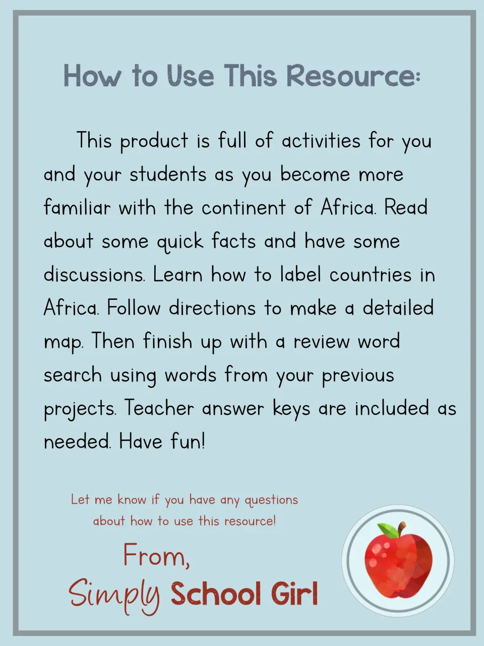 Resource directions explain reading quick facts, labeling African countries, making a map, and word search review
