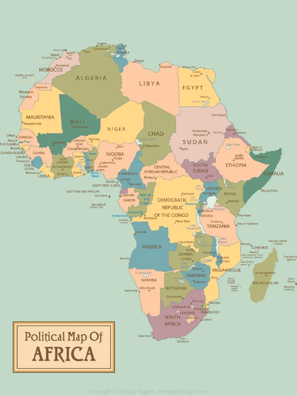 Political reference map of Africa labels countries, cities, and bodies of water for the map work activities
