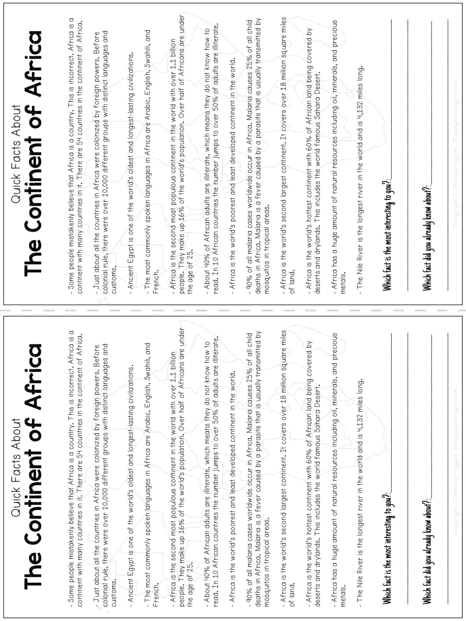 Quick facts about Africa cover countries, languages, population, and geography, printed twice with response prompts