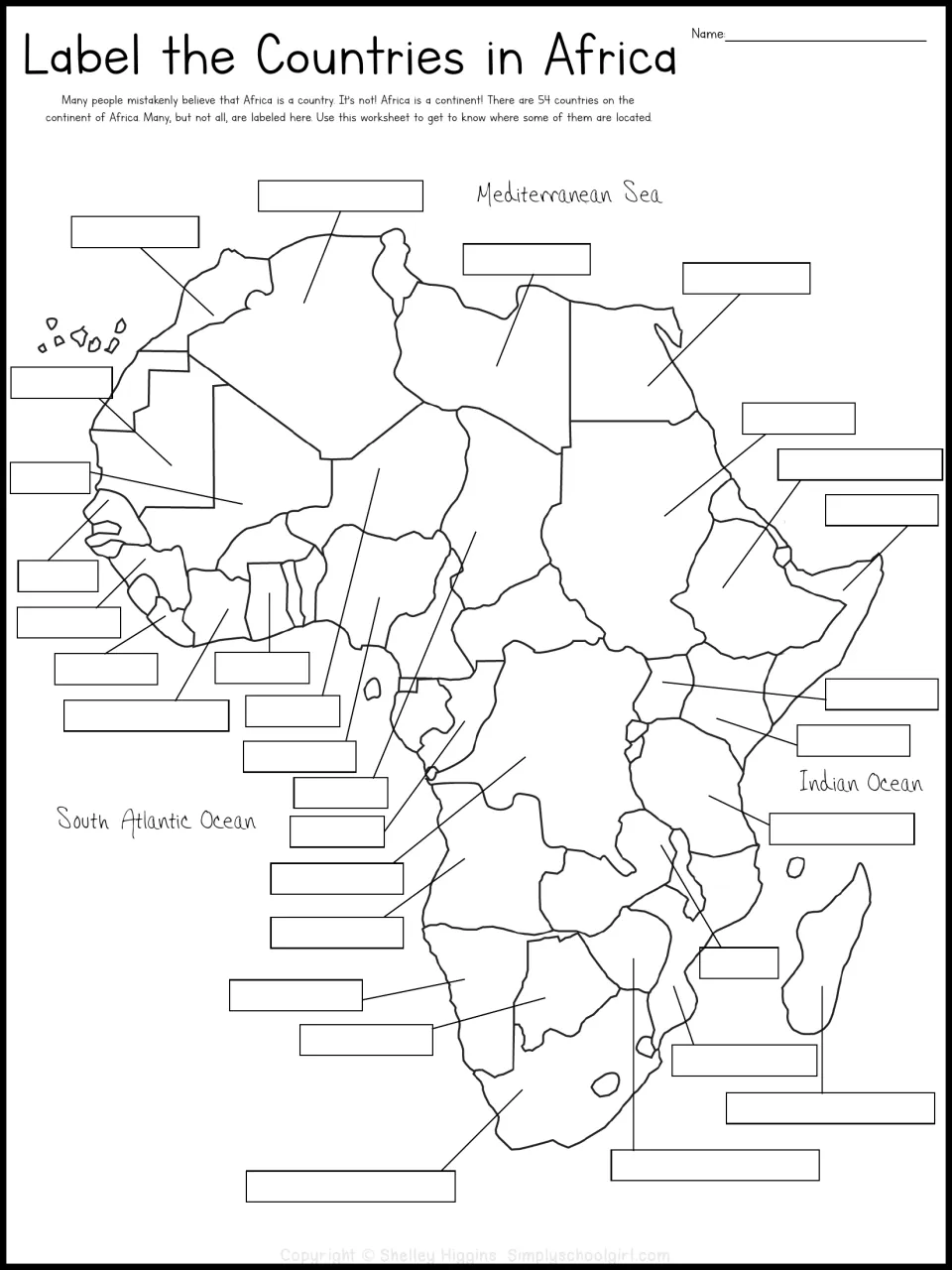 Country-labeling practice uses an outline map of Africa to identify selected countries by their locations