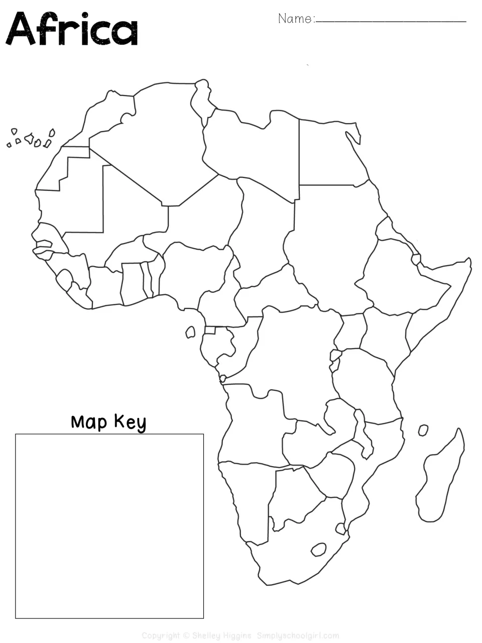Blank Africa map template shows country boundaries and a Map Key area for students to create a detailed map