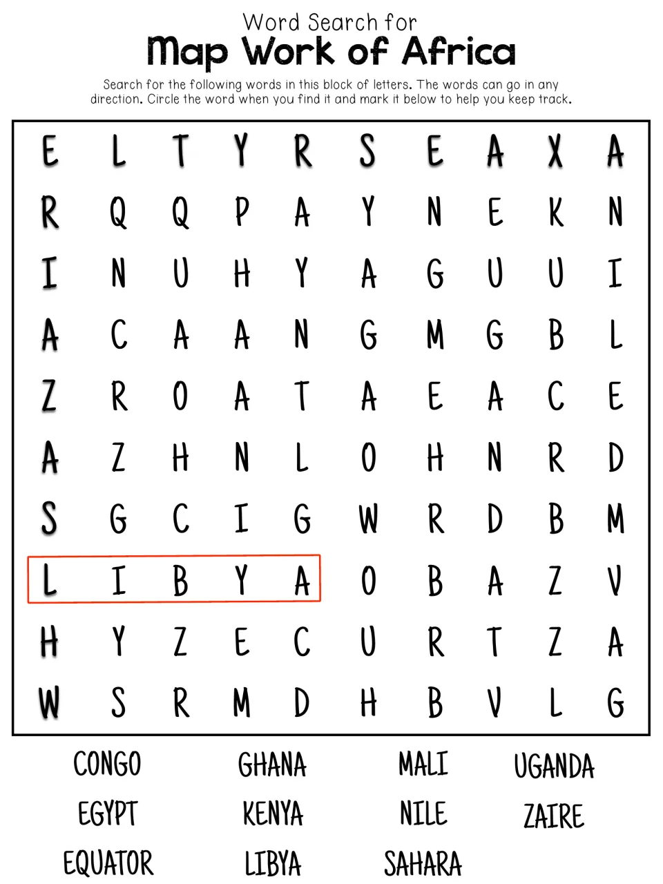 Africa geography word search asks students to find 11 terms, including Congo, Egypt, Equator, Kenya, and Nile