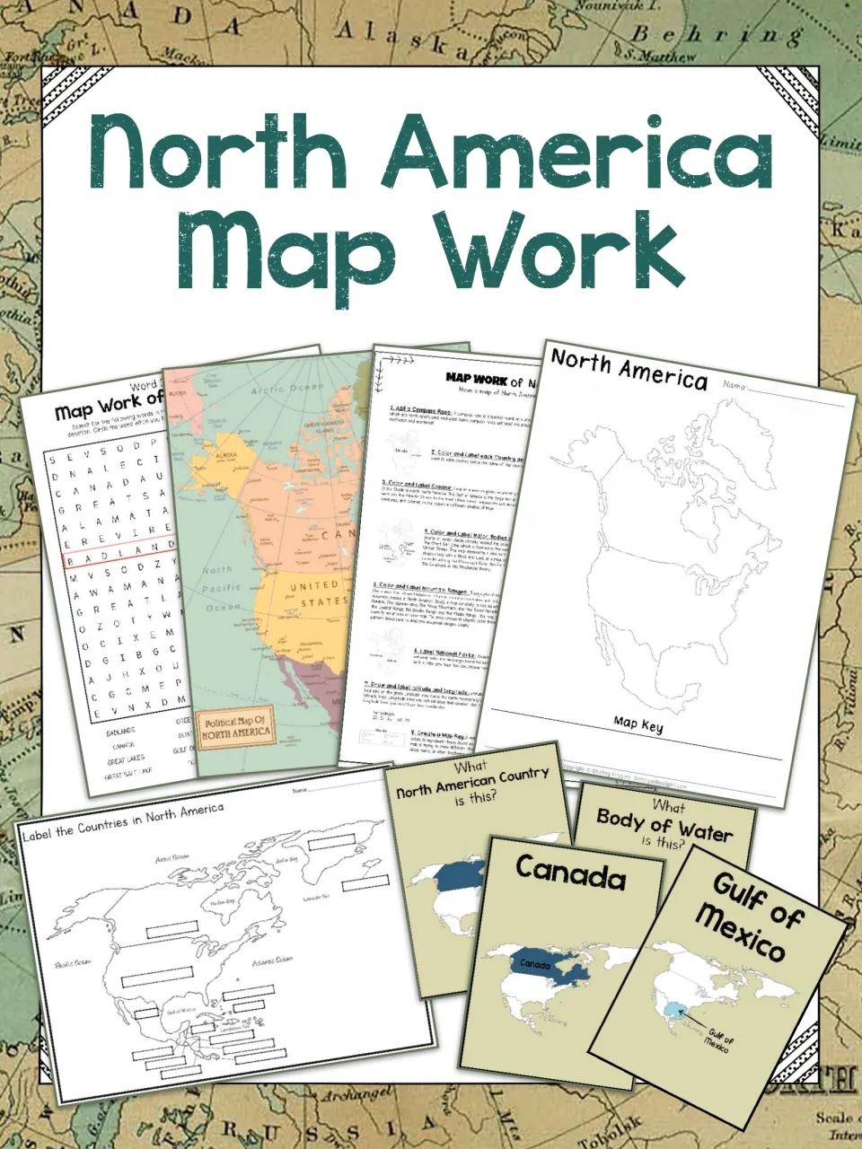 North America Map Work cover showing a word search, political map, map directions, blank maps and country flash cards