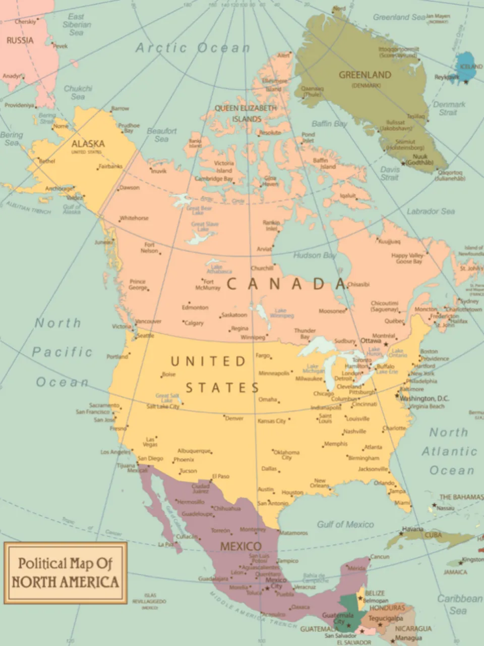 Political Map of North America showing Canada, the United States, Mexico, Greenland, Central America and major cities