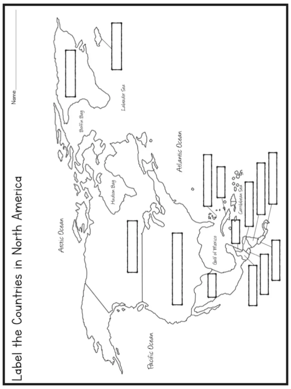 Label the Countries in North America: students write country names in blank labels on an outline map with oceans and seas