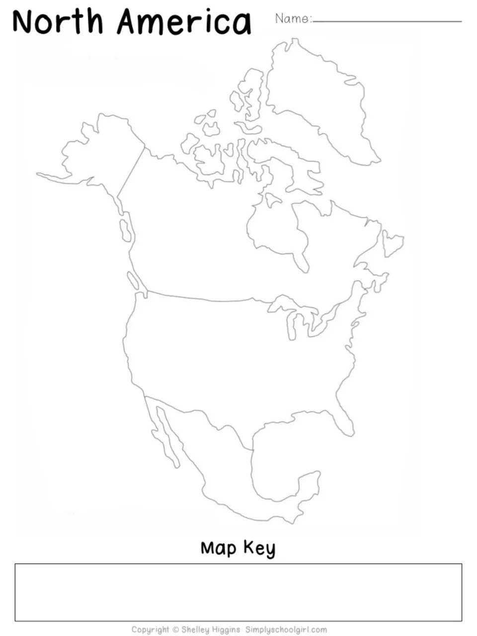 Blank North America outline map with a Map Key section where students build their own detailed continent map