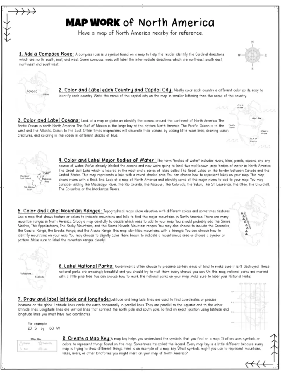 Map Work of North America directions: students add a compass rose, oceans, rivers, mountains, parks and a map key