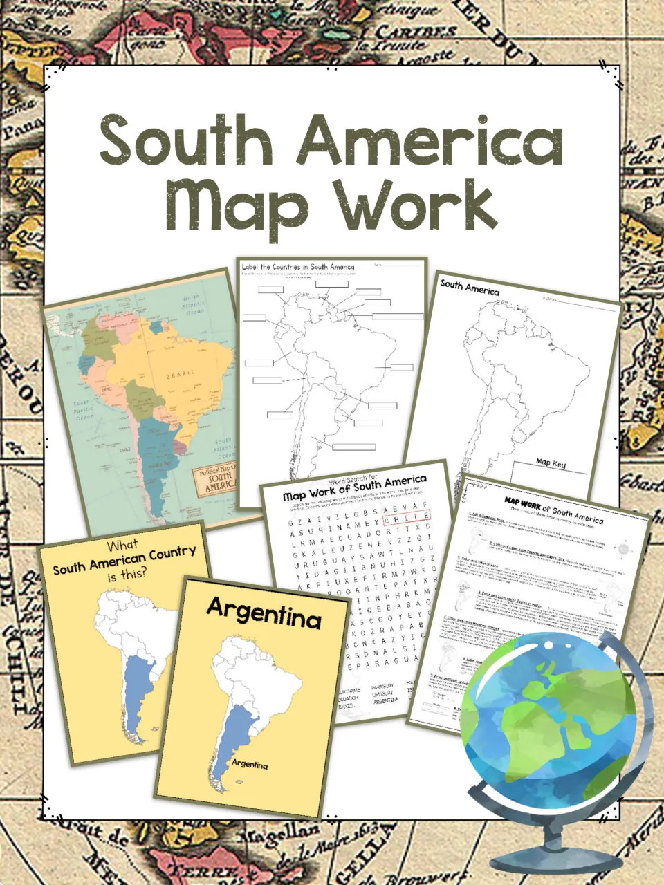 South America Map Work cover showing a political map, country labeling map, blank map, word search and country cards