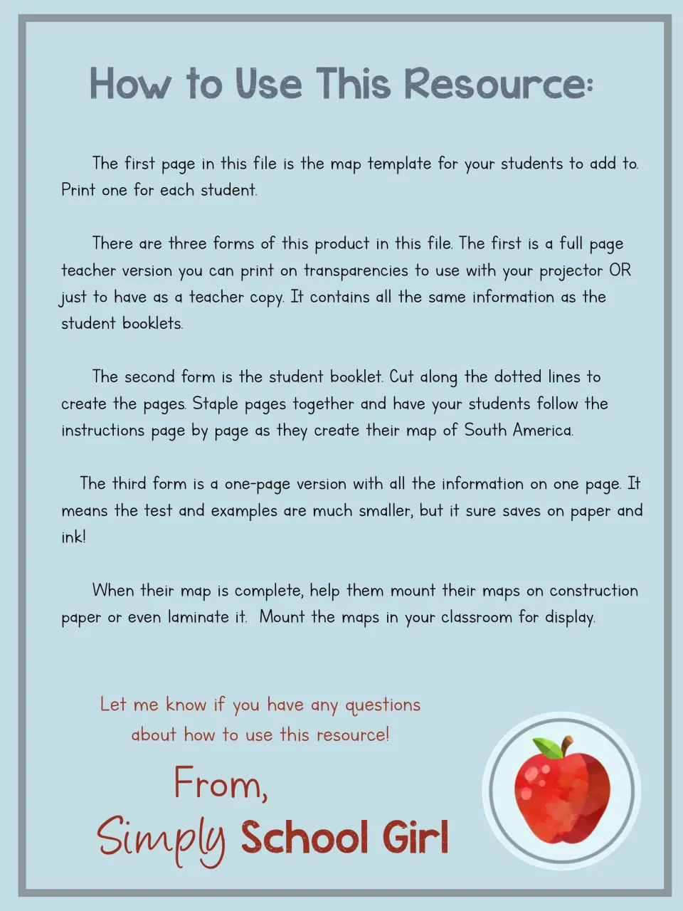 How to use this resource: notes on the map template, full-page teacher version, student booklet and one-page version