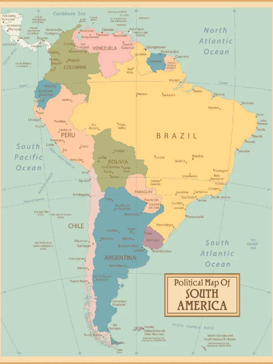 Political map of South America with colored countries, capitals and major cities, plus the Pacific and Atlantic oceans