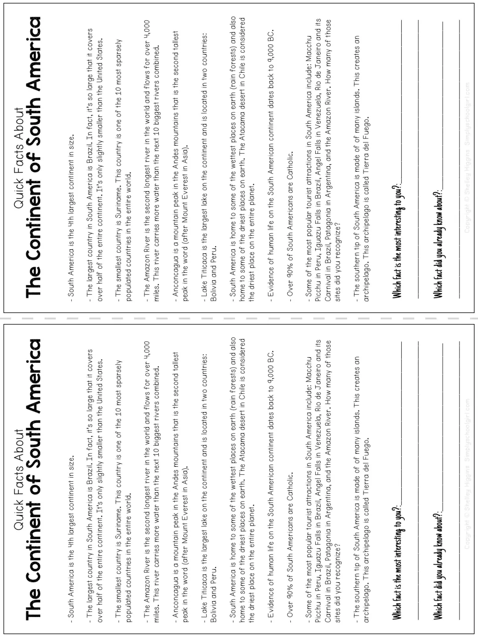Quick facts about South America such as the Amazon River and Atacama desert; students note the most interesting fact