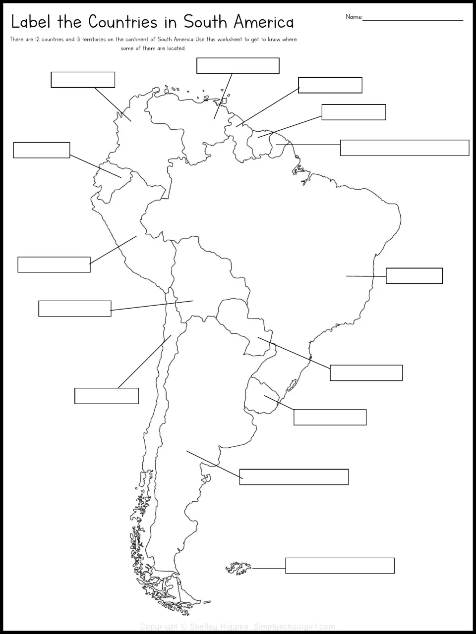 Label the countries in South America: students write each country name in the blanks pointing to an outline map