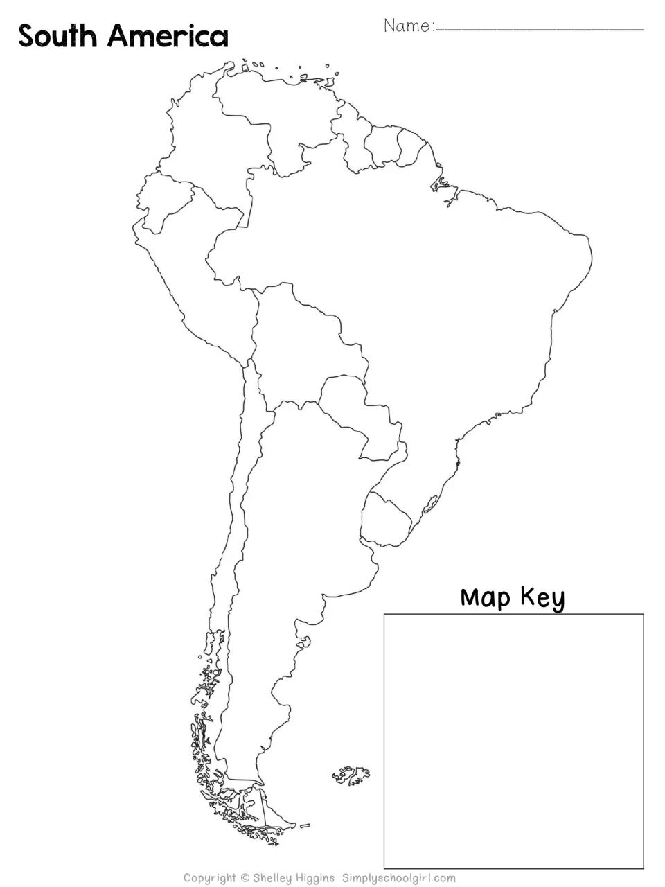 Blank outline map of South America with country borders and a map key area for students to build their own labeled map
