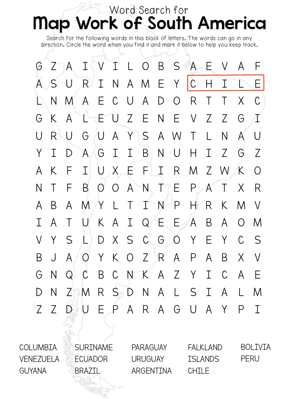 Word search of South American country names such as Chile, Brazil and Peru; students circle words hidden in any direction