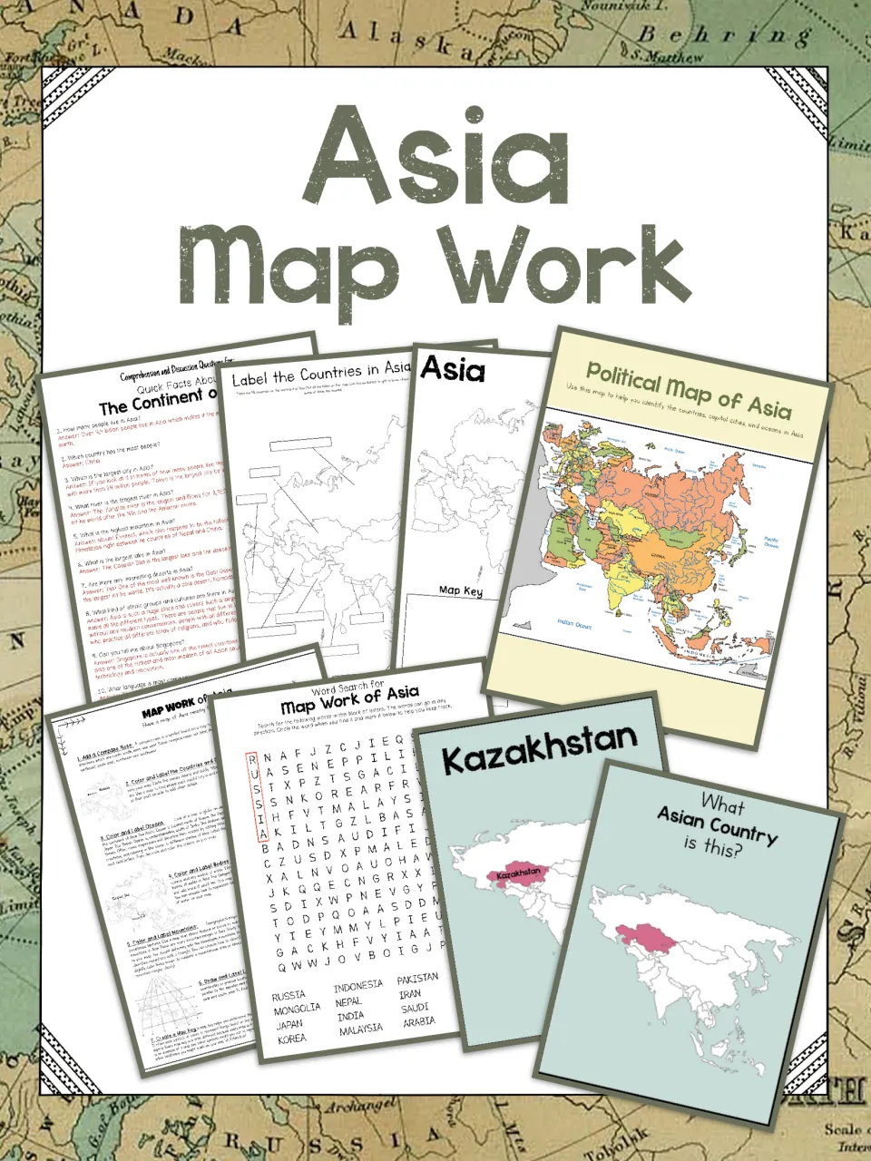 Asia map-work bundle cover showing a political map, labeling practice, word search, and country flashcards