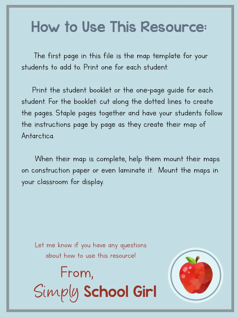 Teacher directions for printing map templates, assembling student booklets, and displaying completed maps