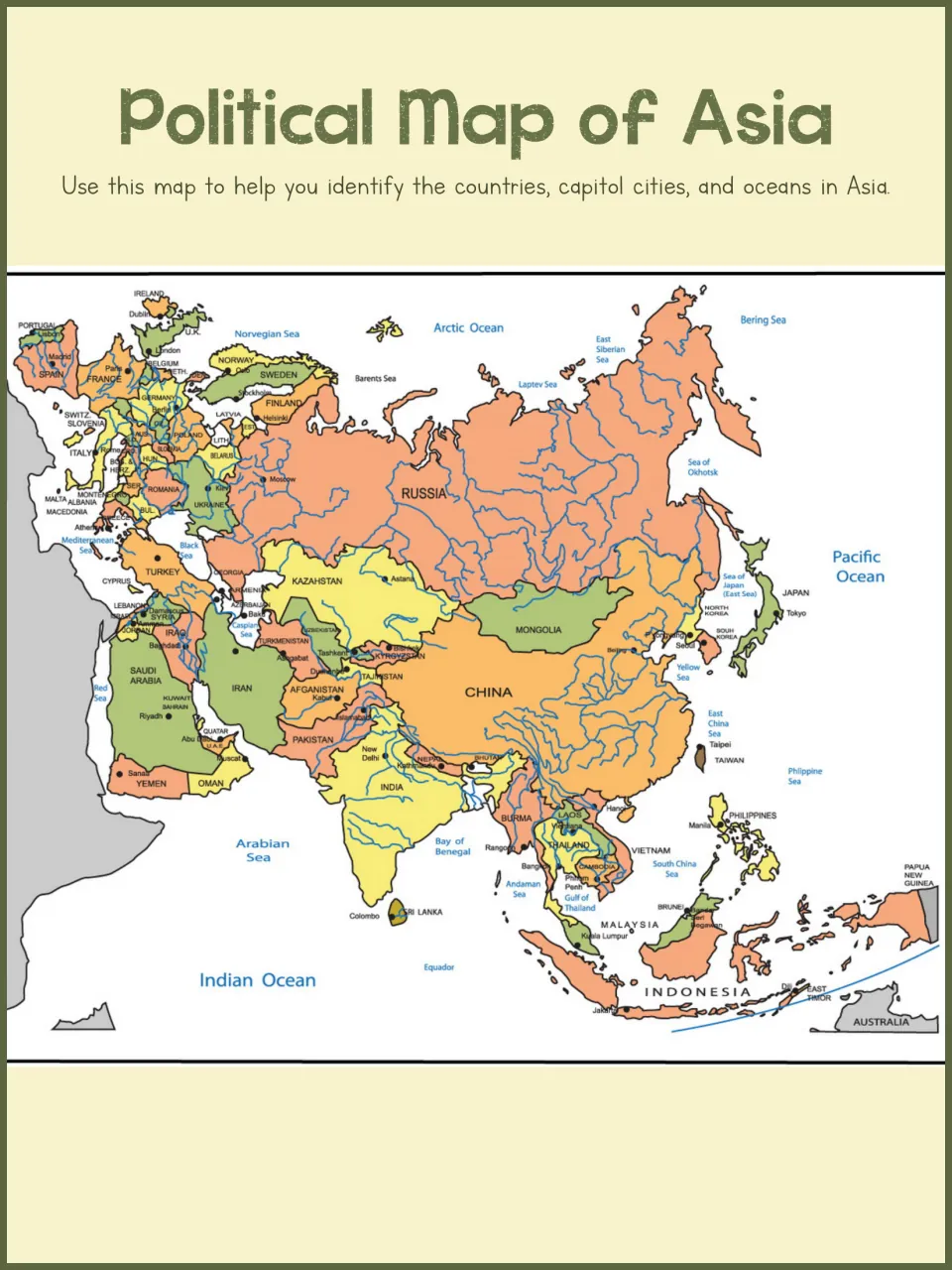 Political reference map of Asia labels countries, capital cities, oceans, and seas for the mapping activities