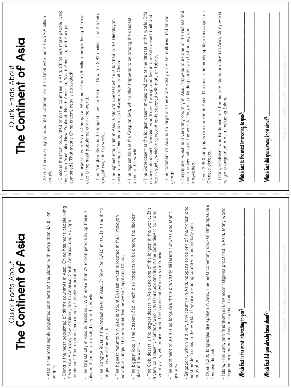 Asia quick-facts reading covers population, landforms, languages, and religions, with two copies per sheet
