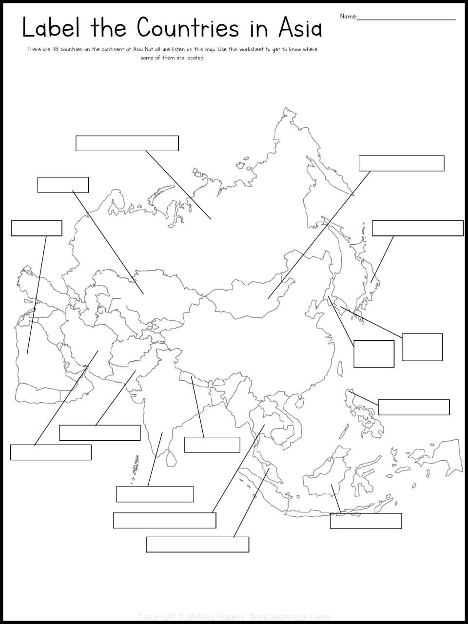 Country-labeling activity uses an outline map of Asia and pointers to selected countries for students to name
