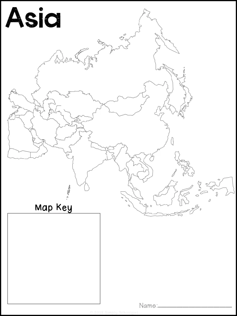 Blank Asia map template includes country boundaries and space for a map key as students add geographic details