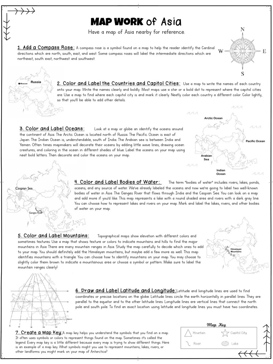 Seven-step Asia mapping guide covers a compass rose, countries, capitals, water, mountains, coordinates, and a key