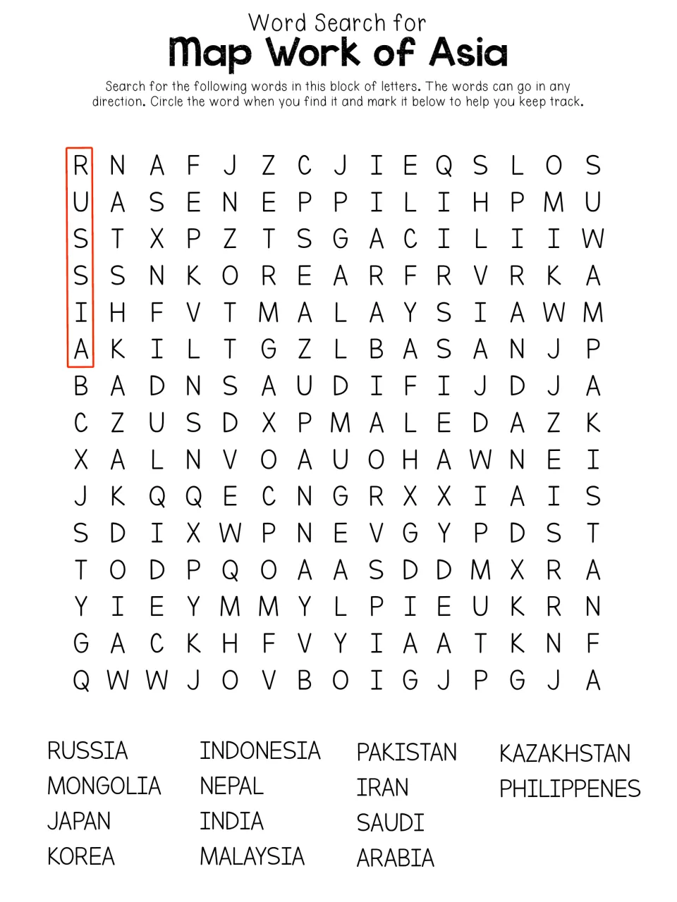 Asia word-search activity lists Russia, Mongolia, Japan, Korea, and other country names, with Russia marked