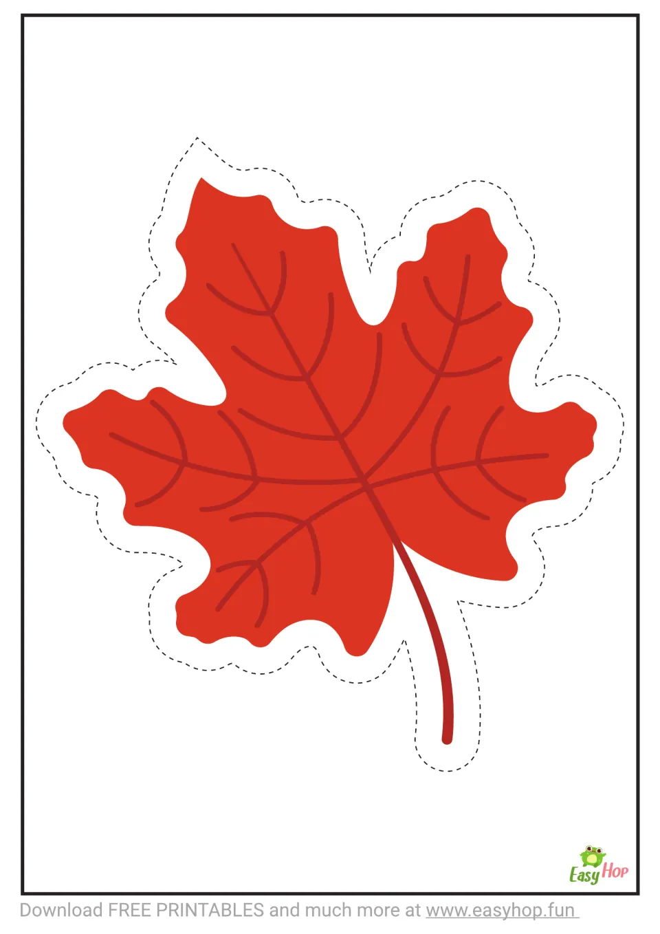 Cutting template from the maple leaf activity set: one large red leaf with a dashed cutting guide around it