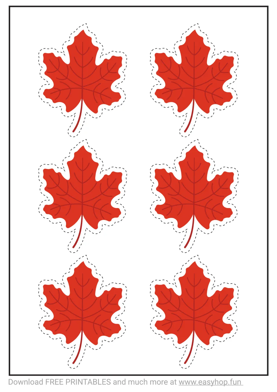 Cutting template from the maple leaf activity set: six small red leaves with dashed cutting guides