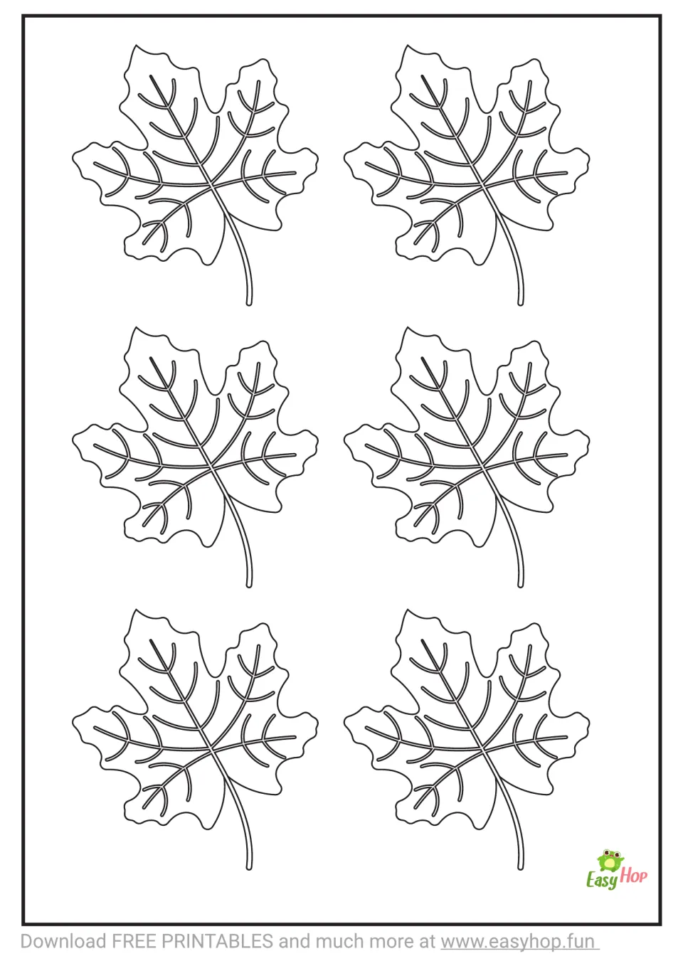 Coloring template from the maple leaf activity set: six small uncolored leaves with branching veins
