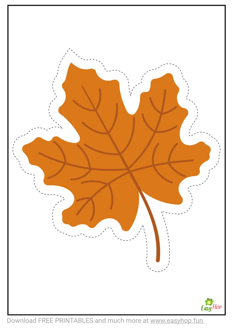Cutting template 1 of 3: one large orange maple leaf with brown veins and a dashed cutting guide around it.