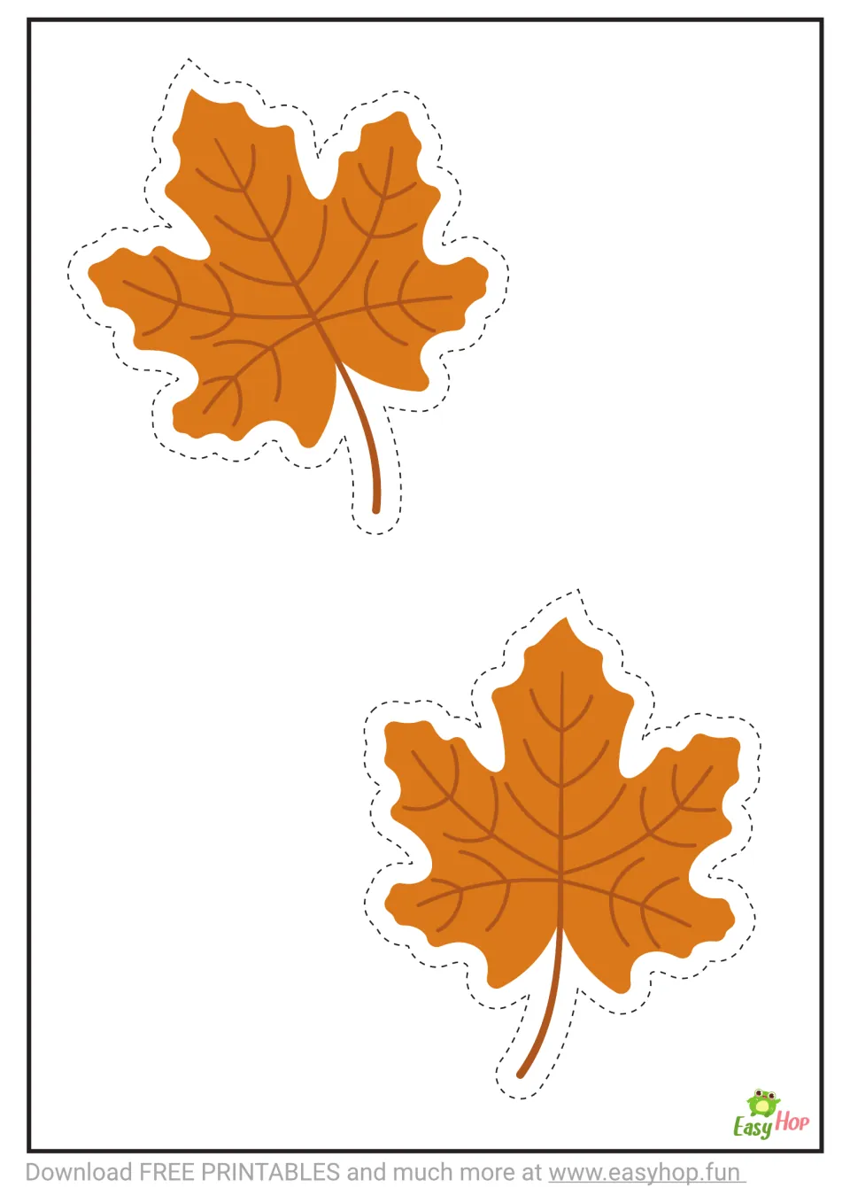 Cutting template 2 of 3: two medium orange maple leaves with brown veins and dashed cutting guides.